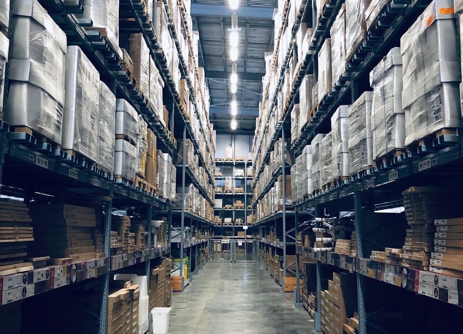 Tall warehouse racking stocked with electrical supplies